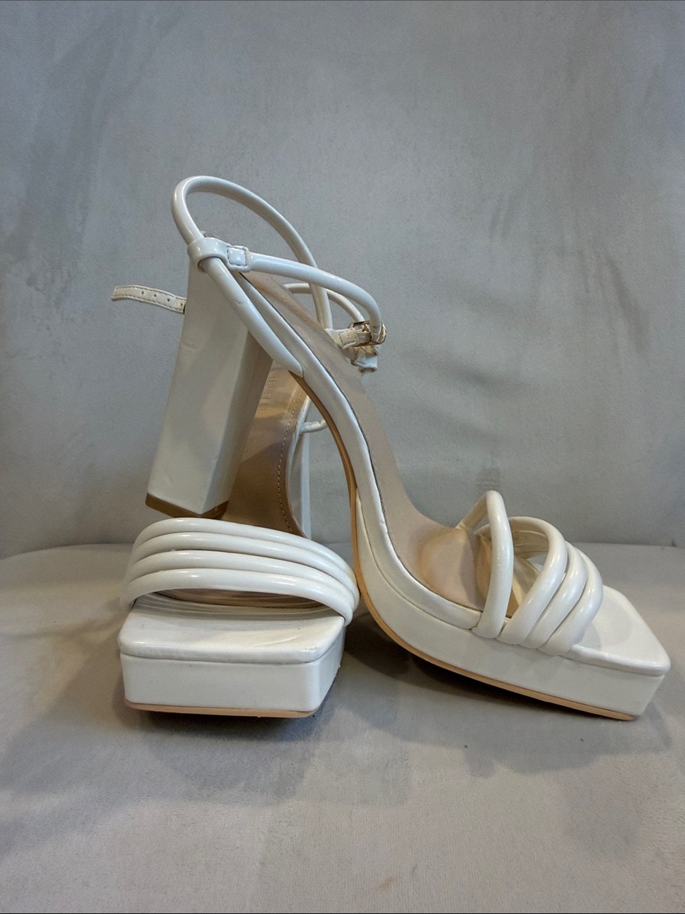 White Strappy Platform Block Heel Sandals with Ankle Strap